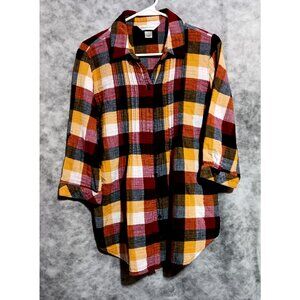 Christopher & Banks 100% Cotton Blouse Shirt Sz M plaid red gold black soft